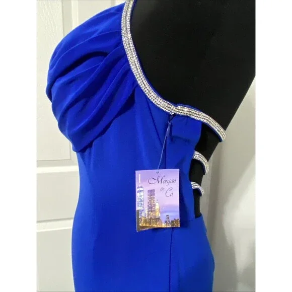 Morgan Co Y2k 90s Prom HOCO Gown Dress Blue Halter Strappy Cage Back Rhinestone - Picture 7 of 10